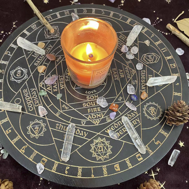 Black Seven Chakra Crystal Energy Disk Oak Carved Astrolabe Altar