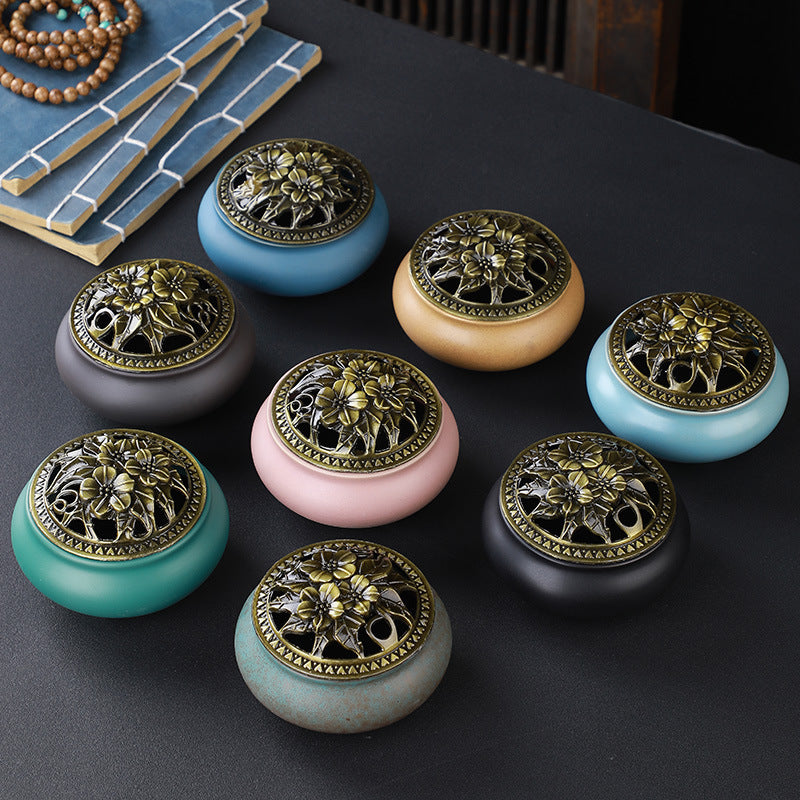 Copper Lid Ceramic Incense Burner Buddha