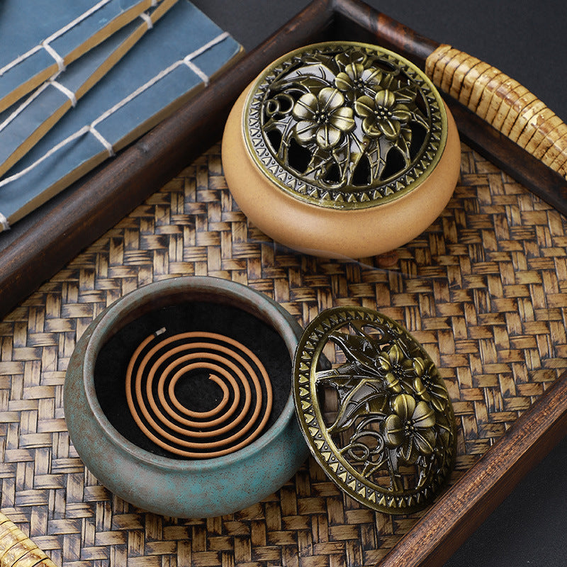 Copper Lid Ceramic Incense Burner Buddha