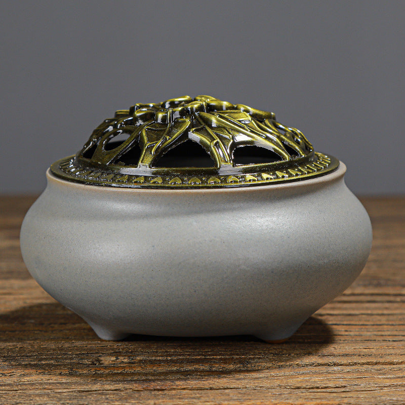 Copper Lid Ceramic Incense Burner Buddha