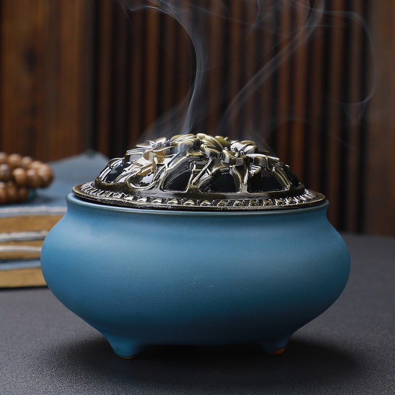 Copper Lid Ceramic Incense Burner Buddha