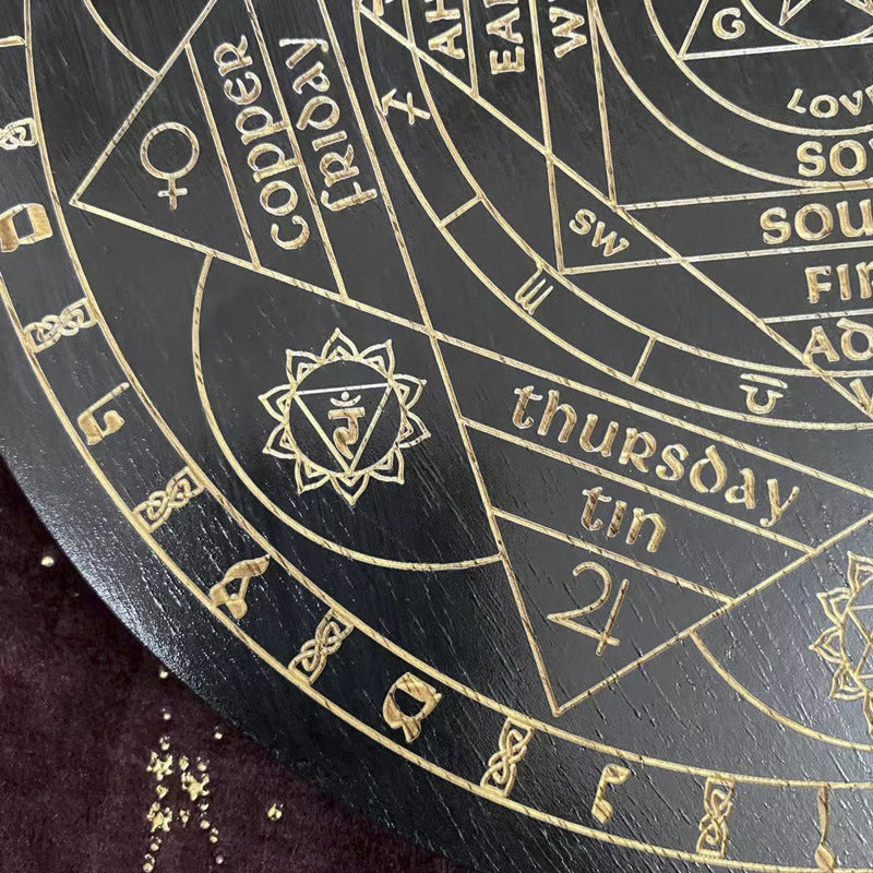 Black Seven Chakra Crystal Energy Disk Oak Carved Astrolabe Altar