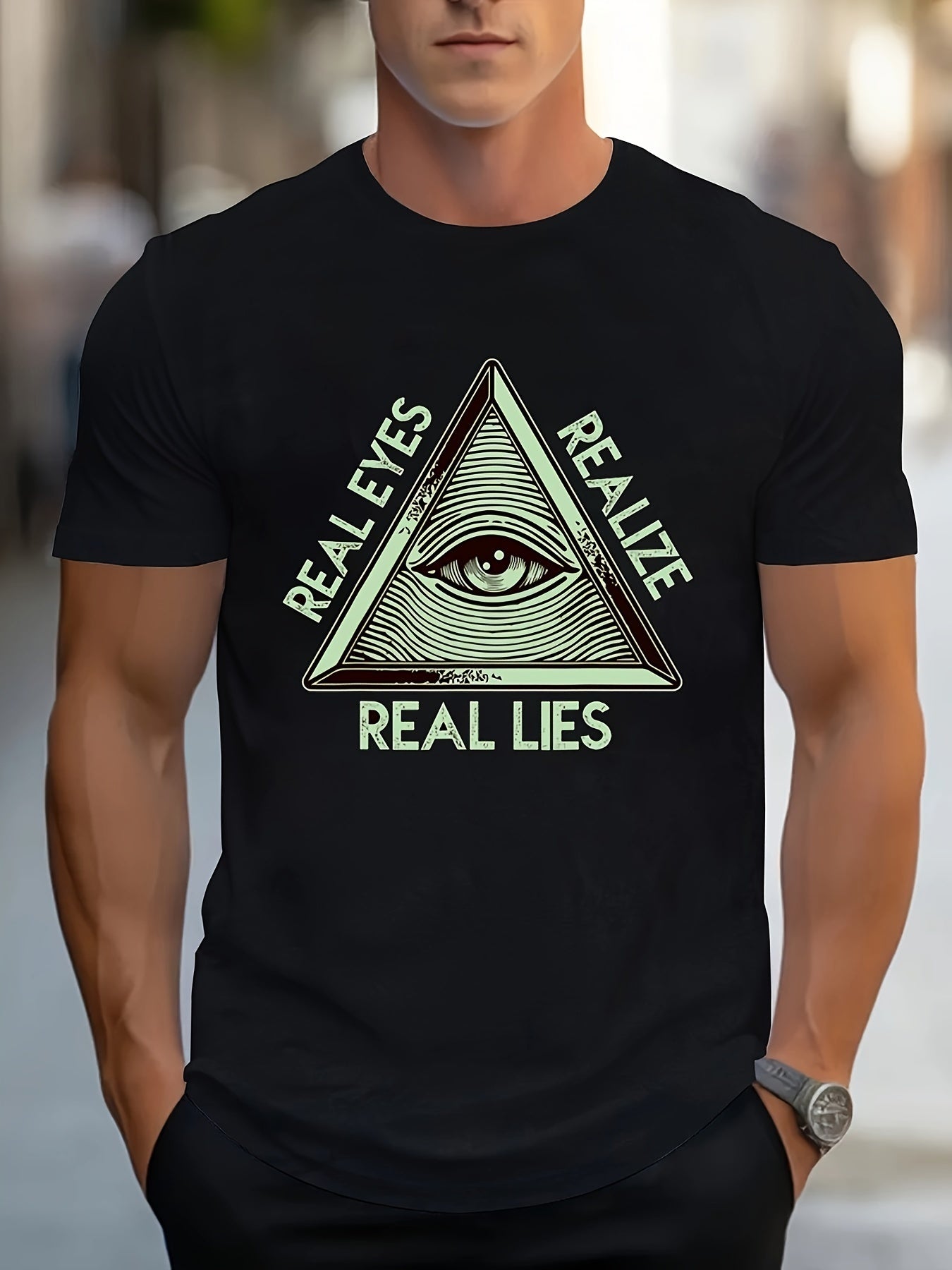 Men's Eye And Triangle Pattern And Letter Print REALEYES REALZE REALLIES T-shirt