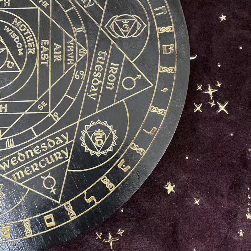 Black Seven Chakra Crystal Energy Disk Oak Carved Astrolabe Altar