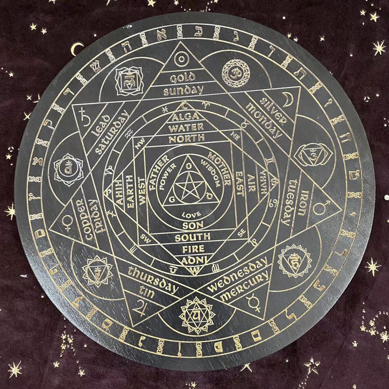 Black Seven Chakra Crystal Energy Disk Oak Carved Astrolabe Altar
