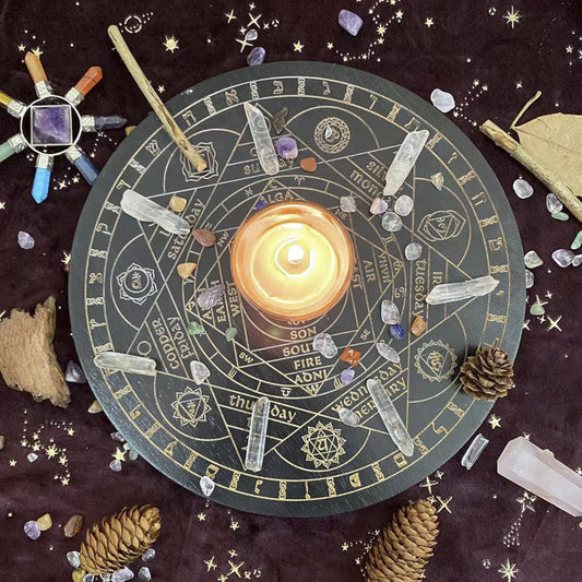 Black Seven Chakra Crystal Energy Disk Oak Carved Astrolabe Altar